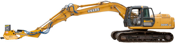 Fully extended HD420B third boom on Deere 200 excavator