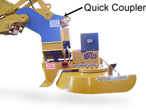 quick coupler attached to excavator boom with brush cutter attachment